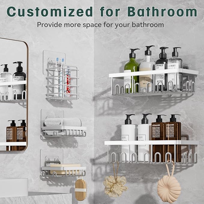 5-Pack Adhesive Shower Caddy, Rustproof Stainless Steel Organizer for Bathroom Storage with Large Capacity, No Drilling Bathroom Caddy with Soap Toothbrush Holder for Kitchen Home White