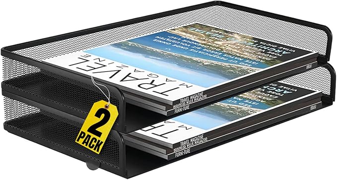 1InTheOffice Side Load Letter Tray Stackable, Black Mesh Tray Legal Size, "2 Pack"