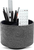 lizimandu Round Leather Art Supply Organizer,Remote Control Holder,360 Degree Spinning,Multi-Functional Pencil Holder,4 Compartments Desktop Stationary Organizer(1-Carved Black)