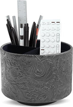 lizimandu Round Leather Art Supply Organizer,Remote Control Holder,360 Degree Spinning,Multi-Functional Pencil Holder,4 Compartments Desktop Stationary Organizer(1-Carved Black)