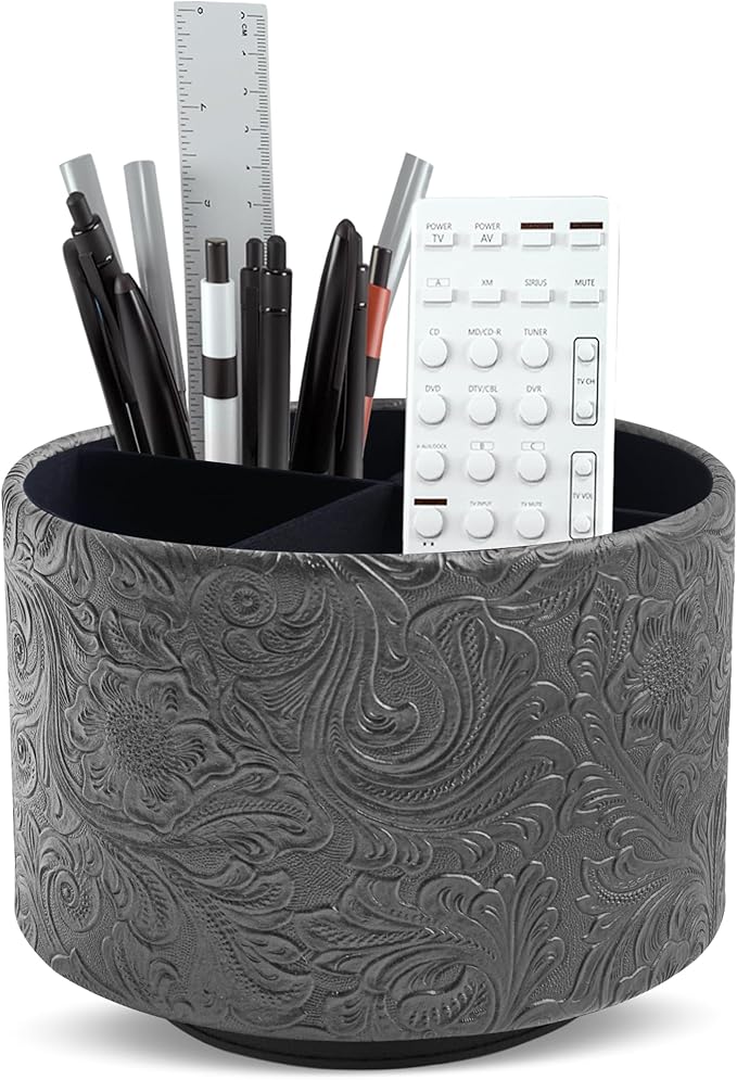 lizimandu Round Leather Art Supply Organizer,Remote Control Holder,360 Degree Spinning,Multi-Functional Pencil Holder,4 Compartments Desktop Stationary Organizer(1-Carved Black)