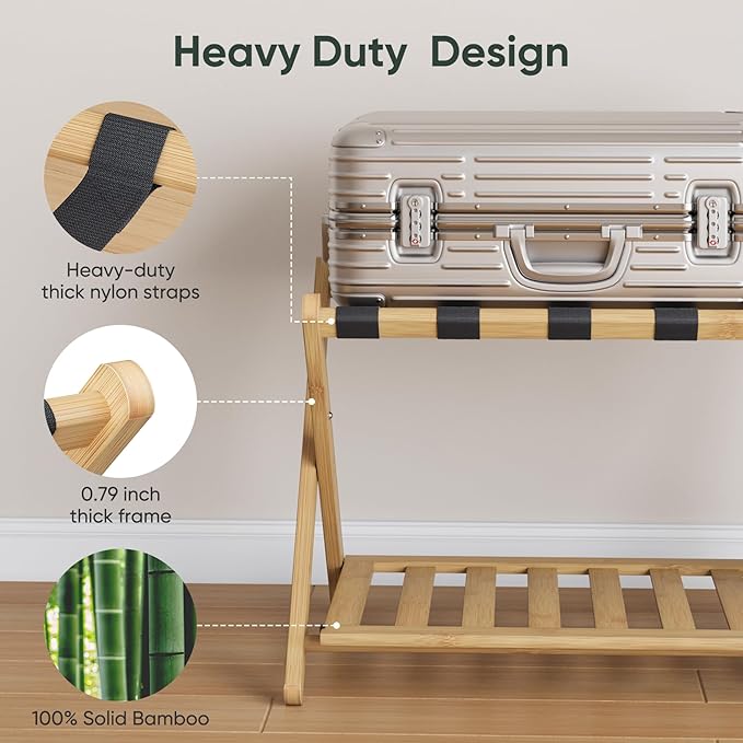 Fully Assembled Bamboo Luggage Rack, Heavy Duty Folding Suitcase Stand with Storage Shelf, Guest Room Essentials, Ideal for Bedroom, Hotel, Natural