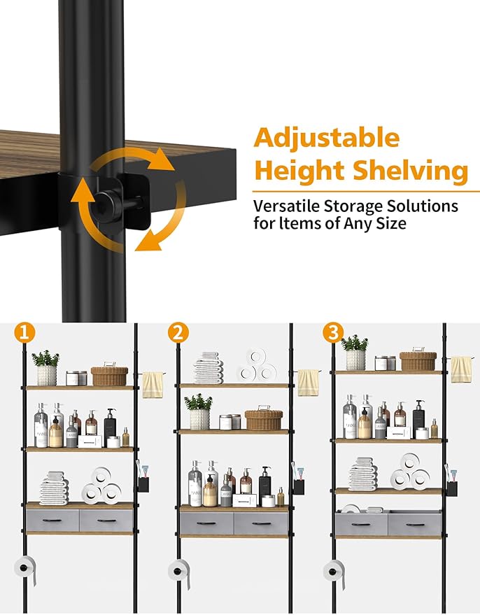 Over The Toilet Storage - 4 Tier Bathroom Organizer Shelf, Freestanding Bathroom Organizer, Sturdy Behind Toilet Rack with Hooks, Space-Saving Design, Fits Most Toilets, Rustic Brown