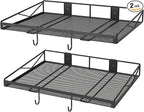 2 Pack Garage Wall Shelf, Garage Wall Mounted Shelving, Heavy Duty Floating Shelves With 4 Hooks, Loads 90 LBS Black Wall Shelves Mesh Storage Rack for Office, Basement, Wall Cabinet and Kitchen