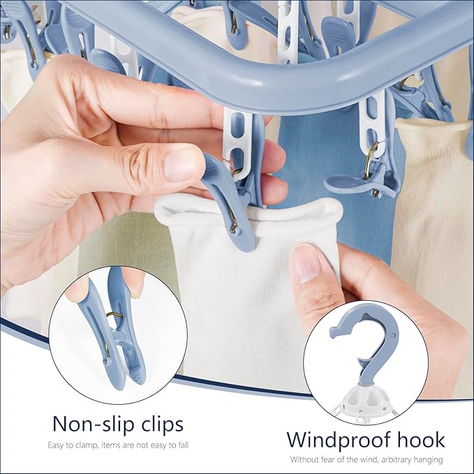 Aolloa Clothes Drying Rack with 32 Clothespins, Bule Foldable Hanging Drying Racks, 360° Rotatable Hook for Drying Towels Bras Baby Clothes Gloves Plastic, Clothes Drying Foldable-Bule