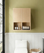 HAIOOU Fluted Bathroom Wall Cabinet with Motion Sensor Light, Curved Profile Wooden Medicine Cabinet Wall Mounted Cupboard, Wave Like Over Toilet Storage Cabinet with Buffering Hinges - Natural