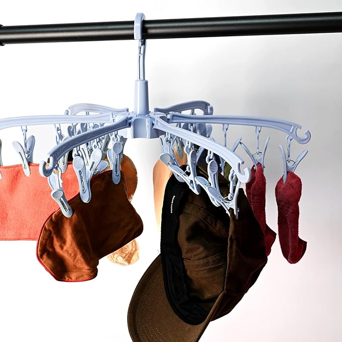 2 PCS Foldable Drying Rack with 24 Clips for Drying Socks Lingerie Baby Clothes Drying Towels Rotatable Sock Drying Rack (Blue)