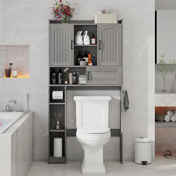 Vabches Farmhouse Over The Toilet Storage Cabinet with 2 Barn Doors & Sliding Door, Over The Toilet Bathroom Organizer with Open Storage Layer and Adjustable Shelves & Hooks.Grey