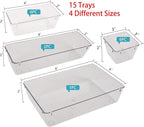 Drawer Organizer with Non-Slip Silicone Pads Set of 15,Clear Plastic Vanity Organizer Storage Bins Containers,4 Size Desk Organizer Tray