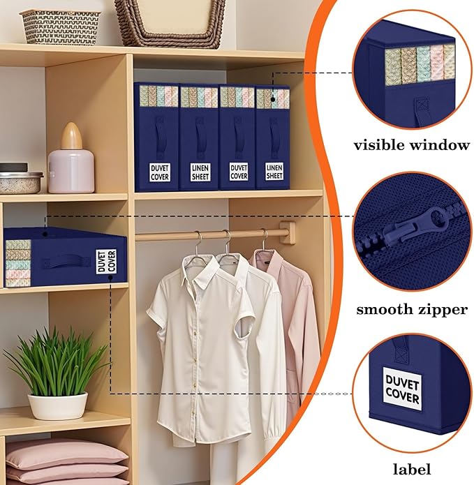 WOWBOX Sheet Organizers and Storage,Closet Bed Sheet Organizer Under Bed Storage and Organization with Label Cards & Clear Window for Bedding Sheets,Duvet Covers,Blankets (6 Pack，Blue)