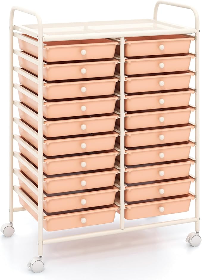 GOFLAME 20-Drawer Rolling Storage Cart, Multifunctional Art Craft Organizer Cart, Mobile Utility Storage Cart with Removable Drawers & Lockable Wheels, Craft Cart for Home Office, Peach Fuzz