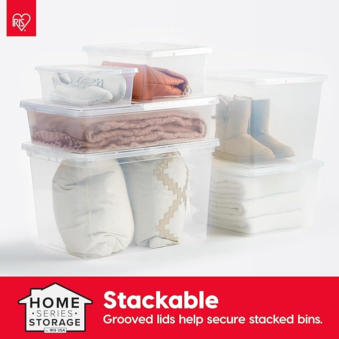 IRIS USA 4-Pack Storage Bins with Lids, 36 Quart, Clear Stackable Containers Box Organize Shoes Closet Shelves Clothes Blankets Towels - BPA-Free Plastic