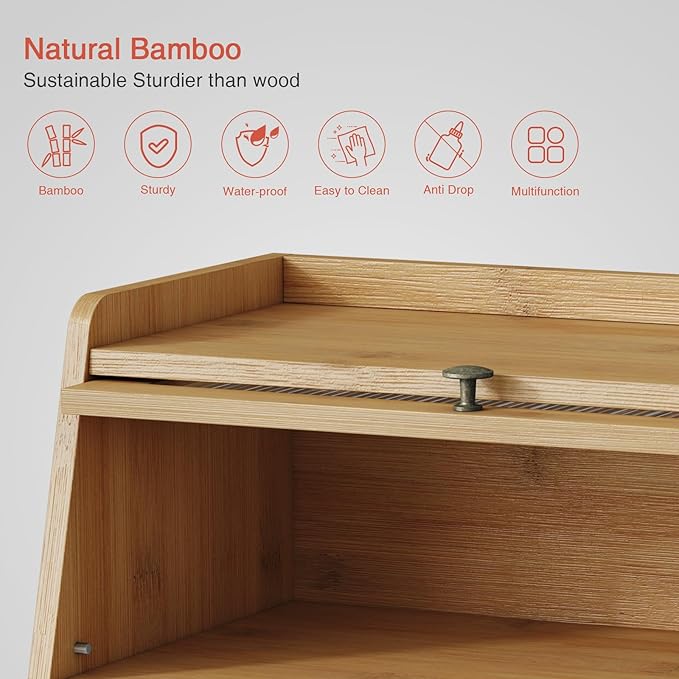 Large Bread Box for Kitchen Countertop, Double Layer Breadbox for Homemade Loaf Bread, Farmhouse Bread Storage Container Bin for Kitchen Counter Pantry Cupboard (Natural Bamboo)