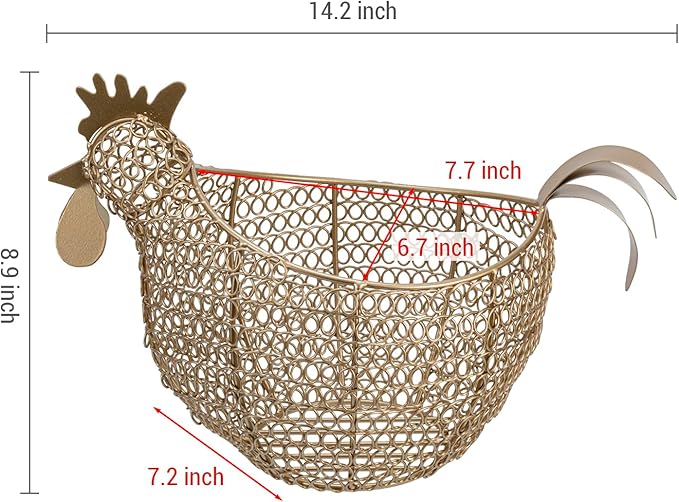MyGift Vintage Brass Tone Metal Wire Fresh Egg Gathering Basket in Decorative Chicken Shaped Design, Farmhouse Easter Decor Egg Display Storage Basket for Counter