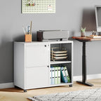 DEVAISE Lateral File Cabinet, 2 Drawer Filing Cabinets with Lock & Wheels Fits Letter/A4 Size for Home Office, Printer Stand with Adjustable Shelf (Metal, White)