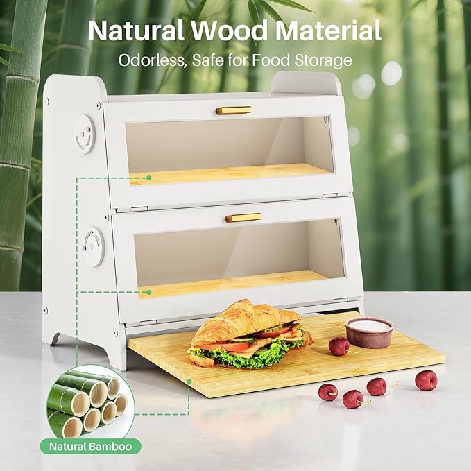 SNTD Bread Box - Kitchen Countertop Bread Storage Container with Bamboo Cutting Board, Adjustable Vent Hole Dials, White