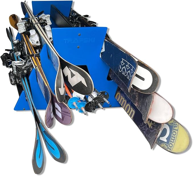 TRAPSKI Mobile Racing and XC Ski Rack Marine Grade HDPE Plastic | UV Protected | Premium Strap Included | 3 Year Warranty | Made in The USA | Veteran Owned Business (Blue, Six Pack)