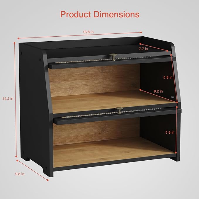 Large Bread Box for Kitchen Countertop, Black Bread Storage Container for Homemade Bread, Double Layer Farmhouse Breadbox Organizer for Kitchen Counter Cabinet, Pantry, Cupboard (Black)