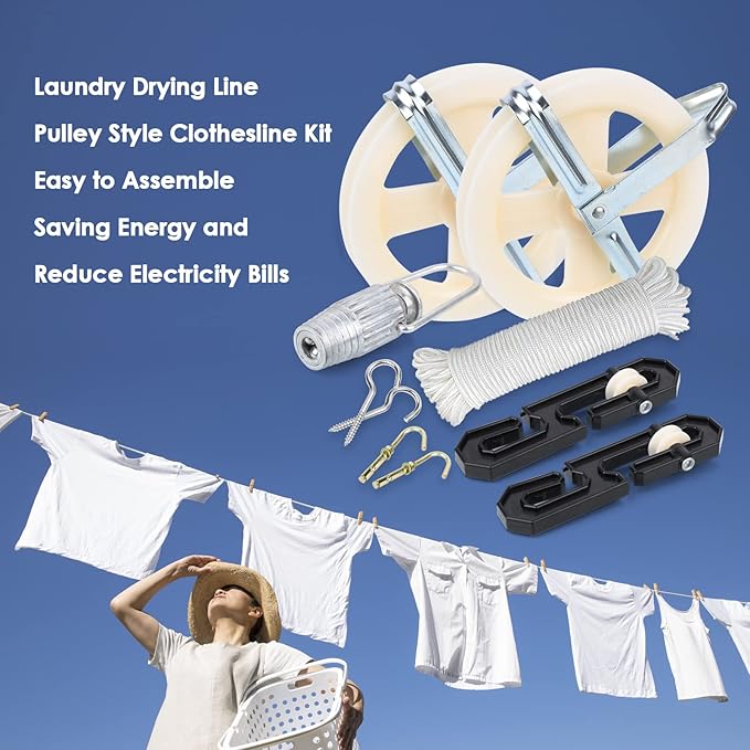 TooTaci Outdoor Clothesline Kit, 5" Nylon Clothesline Pulley Kit, 150ft Polyester Clothes Line Rope Outdoors Heavy Duty, Clothes Line Pulley Kit with S Separator Spreader, Rope Tightener, Hook