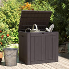 DUMOS 31 Gallon Deck Box, Lockable Outside Storage Box for Outdoor Use, Outside Waterproof Resin Package Delivery Box for Backyard Patio Garden, Modern Brown