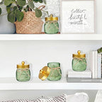 SheeChung Green Glass Qtip Holder Dispenser, Mason Jar Apothecary Jars with Lids, Bathroom Organizers and Storage, Vanity Countertop Canisters Set for Cotton Swab, Ball, Pad, Floss Pick-Gold, 3 Pack