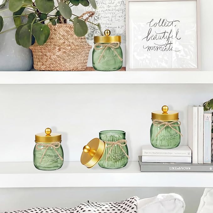 SheeChung Green Glass Qtip Holder Dispenser, Mason Jar Apothecary Jars with Lids, Bathroom Organizers and Storage, Vanity Countertop Canisters Set for Cotton Swab, Ball, Pad, Floss Pick-Gold, 3 Pack