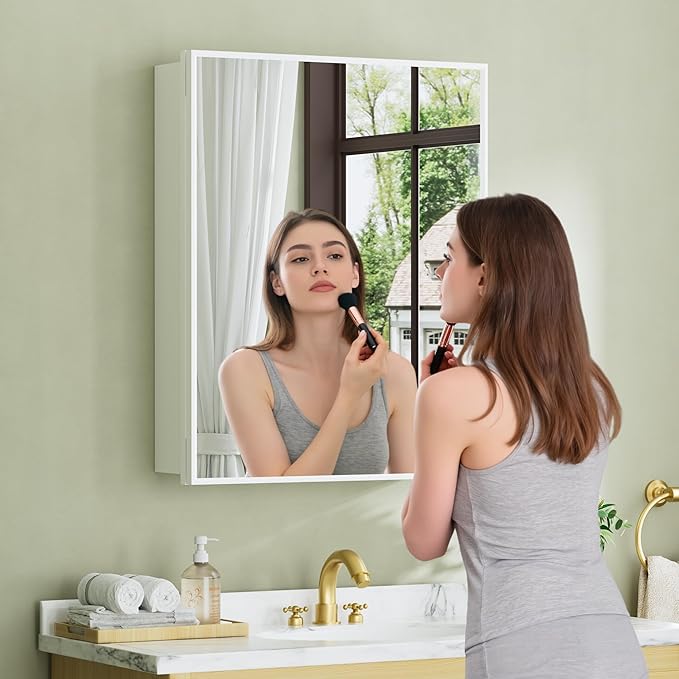 Buruis 24" x 30" Framed Medicine Cabinet with Mirror, Recessed or Wall Mounted Bathroom Cabinet, Adjustable Tempered Glass Shelves, Left/Right Open Reversible, No Assembly Required, White