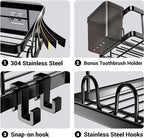 Corner Shower Caddy, 2 Pack Adhesive Shower Corner Organizer Shelves, No Drilling Stainless Steel Shower Storage Rack with Hooks&Toothpaste Holder for Bathroom Kitchen （for 90° Corners Only）