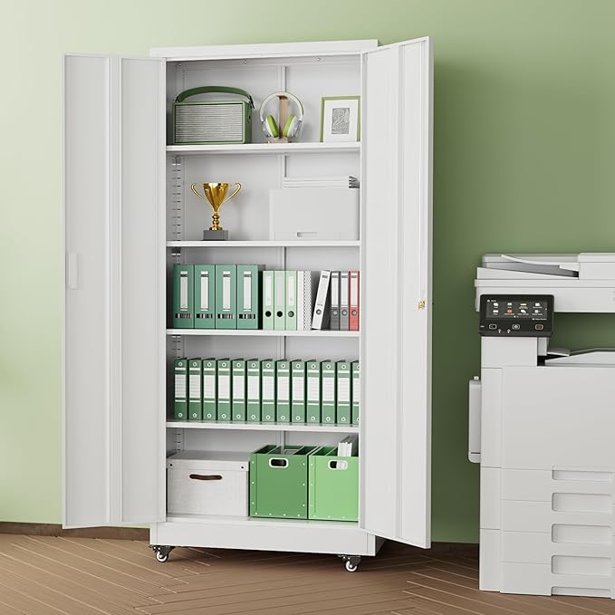 INTERGREAT Metal Storage Cabinet with Wheels, 73" H Rolling Metal Cabinets with Doors and Shelves, White Steel Lockable Cabinet on Wheels for Garage Storage