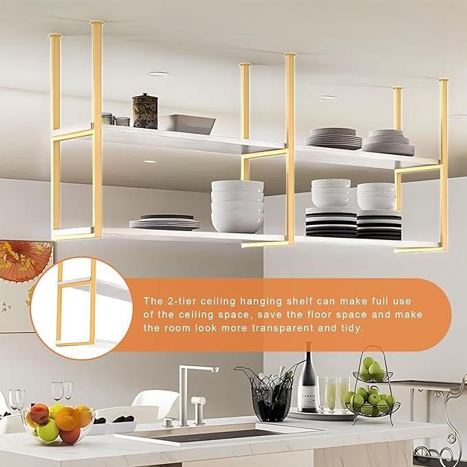 Ceiling Mounted Storage Racks, 2 Layer Floating Pan Pot Shelves Flower Stand Wine Glass Holder for Kitchen/Bars/Living Room/Restaurants/Balcony, Industrial Hanging Display Rack (Size : 140x30x80cm)