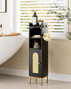 Bathroom Storage Cabinet, Small Corner Floor Hutch with 2Hooks,Narrow Toilet Paper Cabinet with Rattan Door,Bathroom Organizer with Adjustable Shelf, for Small Spaces(Classic-Rattan, Black)