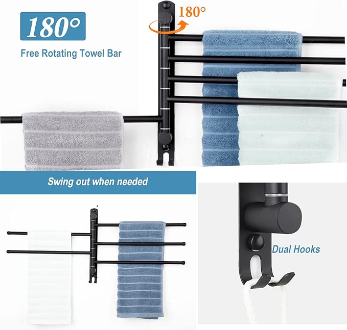Matte Black 6 - Arm Stainless Steel Swivel Towel Rack with Hook: Wall - Mounted, Rustproof Space - Saver for Bathroom & Kitchen - 180° Rotation, 14kg Capacity