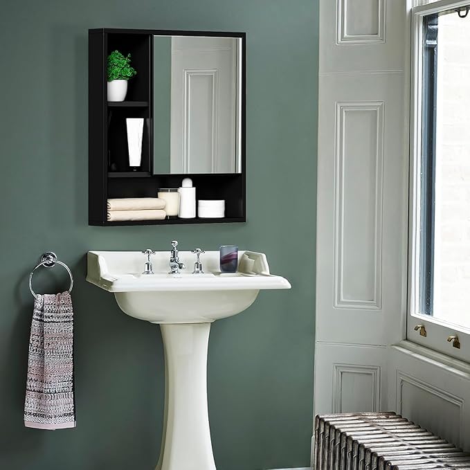 ChooChoo Bathroom Wall Mirror Cabinet, Medicine Cabinet with Single Door and Adjustable Shelf, Over The Toilet Space Saver Storage Cabinet, Black