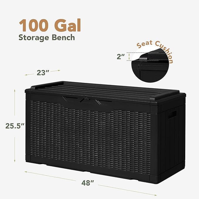 Flamaker Deck Box with Cushion 98 Gallon Waterproof Resin Storage Box with Air Rod Indoor Outdoor Lockable Storage Bench for Patio Furniture, Tools, Pool Accessories (Black)