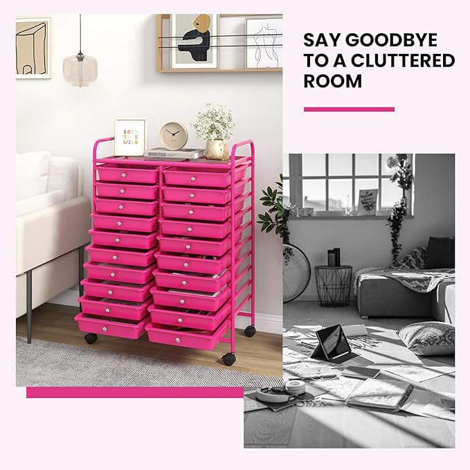 COSTWAY 20-Drawer Rolling Storage Cart, Utility Storage Organizer Cart for Tools, Scrapbook, Paper, Craft, Multipurpose Storage Trolley on Wheels for Home Office School, Hot Pink