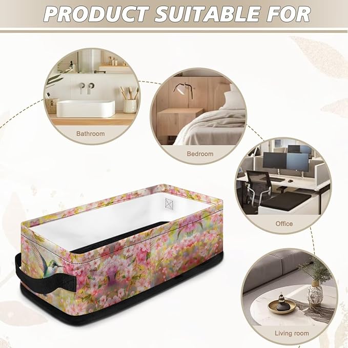 Small Storage Bin Narrow Toilet Paper Tissue Baskets Foldable Fabric Organizers Bathroom Bedroom Decorations Closet Countertop Vanity Baskets, Spring Style Hummingbird Flower