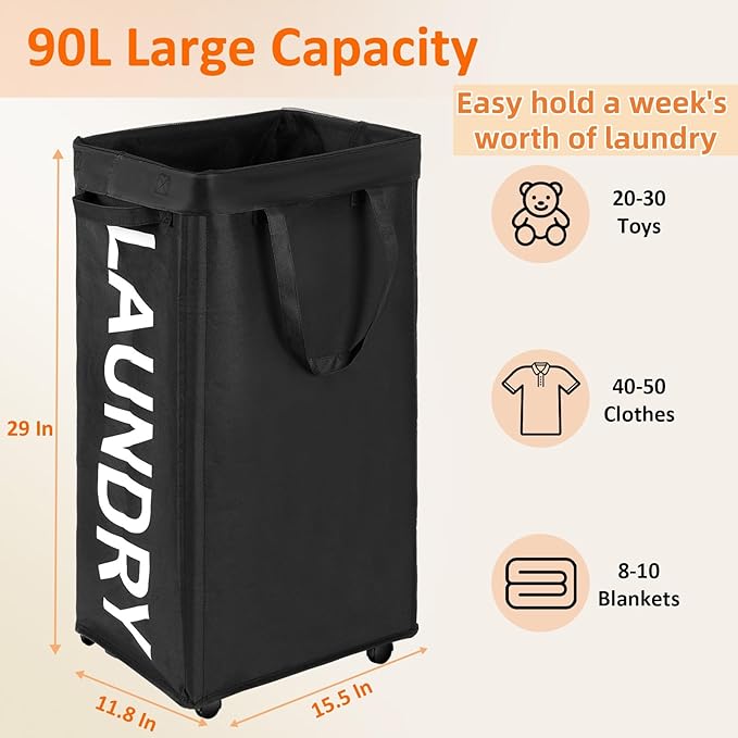 Laundry Basket with Wheels, 90L Rolling Laundry Hamper with Wheels, Large Clothes Hamper on Wheel with Removable Mesh Bag for Bedroom, Dorm Room Essentials, Black