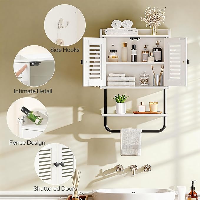 HOOBRO Medicine Cabinet, Double Doors Bathroom Wall Cabinet with Towel Bar, Adjustable Shelf, 2 Hooks, Over The Toilet Storage Cabinet, for Bedroom, Kitchen, White BW46CW01