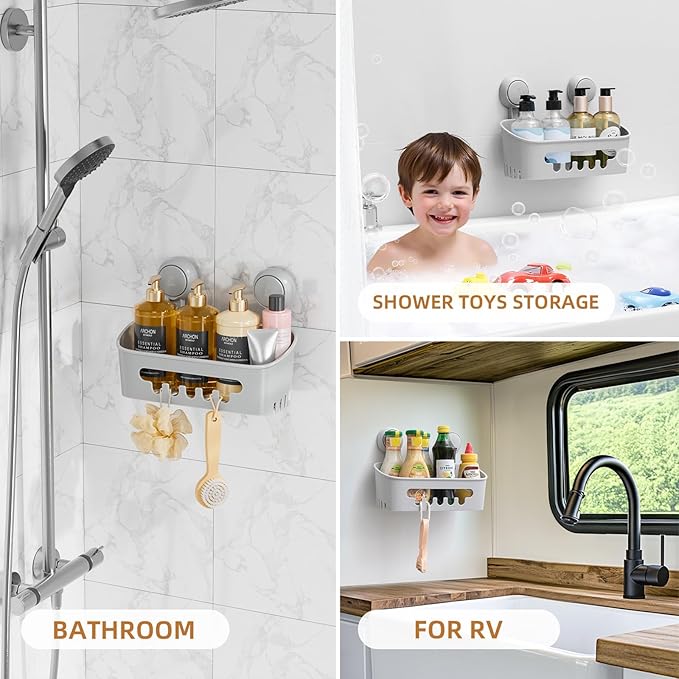 LEVERLOC Shower Caddy Suction Cup, Shower Organizer Removable Bathroom Shelf, Storage for Inside Shower Powerful Suction Max Hold 22lbs Waterproof Holder, Gray