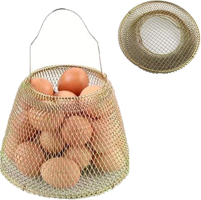 Collapsible Round Egg Basket - Metal Wire Storage with Handles, Perfect for Hanging & Family Farm Gathering - Gloden Basket for Chicken Farm, Holds 25 eggs, Small