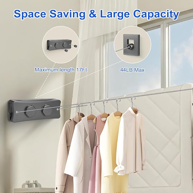 17Ft Retractable Clothesline Indoor/Outdoor, Comes with 30 clothespins, Anti-Sag for Drying Clothes line retracting Indoor/Outdoor, Dual-Line with Each Line 17Ft Long Laundry line Retractable