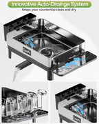 Dish Racks, Thicker Premium 304 Stainless Steel Dish Drying Rack for Kitchen Counter, Automatic Drainage Spout, Dish Drainer & Drainboard Set with Utensil Holder and Cup Holder, Black