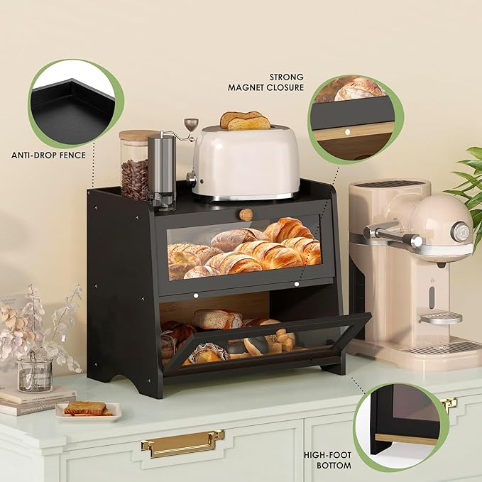 Double Layer Bread Box for Kitchen Countertop, Large Breadbox Bread Container Storage with Acrylic Door, Wooden Farmhouse Bread Holder (Black, Medim-15.7" L x 9.5" W x 13" H)