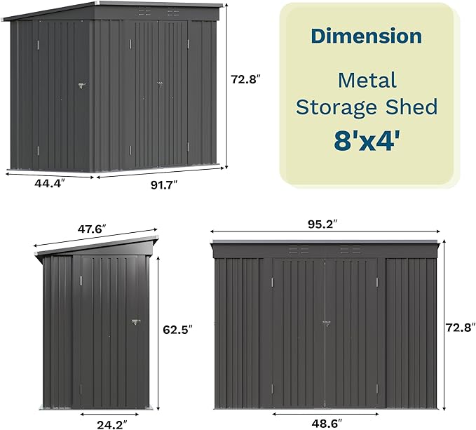 Patiowell 8x4 FT Outdoor Storage Shed, Metal Tool Sheds with 3 Doors, Black