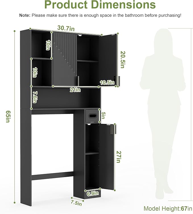 GOODONE Black Over The Toilet Storage Cabinet - with 3 Doors and Toilet Paper Holder Stand, FreeStanding, for Bathroom, Restroom, Laundry