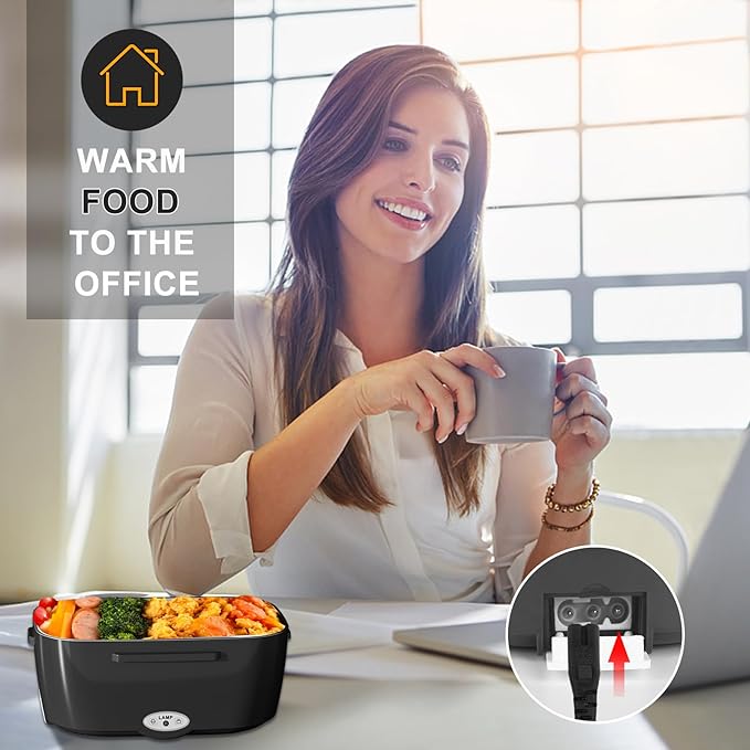 Monteka Electric Lunch Box Food Heater - Leakproof Portable Food Warmer heated lunch box for adults for Car/Home/Truck with 1.5L Removable Stainless Steel Container, White Elephant Gift, 12V/24V/110V
