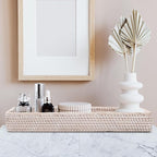 Rattan Bathroom Vanity Trays Toilet Tank Baskets Long Narrow Hand Towel Storage Basket for Storage, Decorative (Whitewash 16.3 x 6.1 x 2 inch)