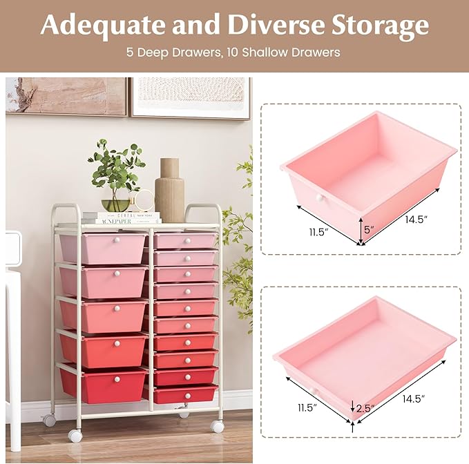 RELAX4LIFE 15-Drawer Storage Drawer Carts - Mobile Rolling Utility Cart w/Wheels, Craft Organizer for Classroom Organization and Storage, School, Office, Home, Storage Organizer Cart (Gradient Pink)