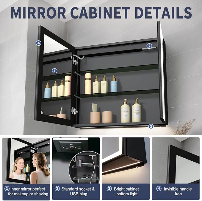 Lighted Mirror Medicine Cabinet, 30 x 28 inch LED Bathroom Mirror Cabinet with Anti-Fog, Dimmable 3 Colors Front & Bottom Light, Buit-in Sockets & USBs, 2 Shelves, Plug-in or Hardwired