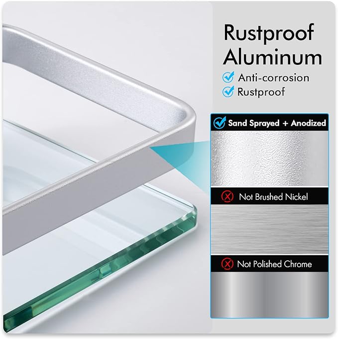 KES Glass Shelves for Bathroom, Floating Tempered Glass Shelves 14 Inch Aluminum Extra Thick 2 Pack Rectangular Storage Organizer Wall Mount Silver, A4126A-P2